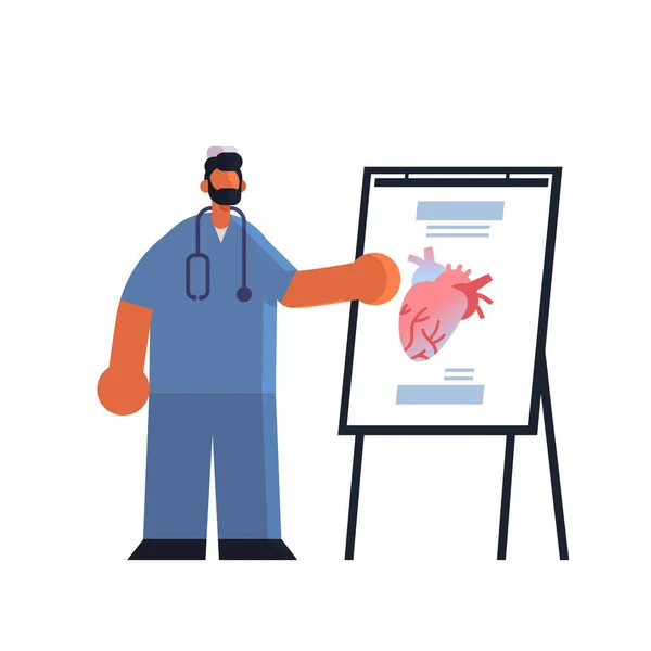 Αρσενικός καρδιολόγος με στολή που παρουσιάζει το διάγραμμα flip με την έννοια της ιατρικής περίθαλψης ανθρώπινης καρδιάς νοσηλευτής ιατρείου με στηθοσκόπιο full length flat — Διανυσματικό Αρχείο