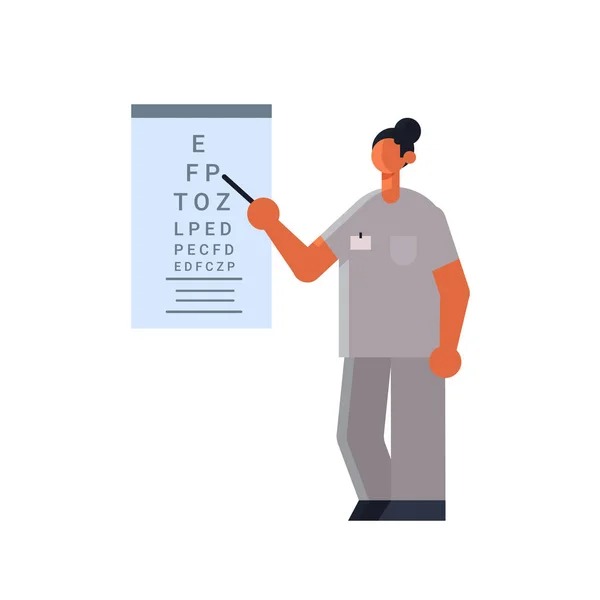 Kadın doktor göz doktorunun işaret ettiği mektuplar göz doktoru sağlık konsepti hastane kliniği çalışanı üniformalı tam boy. — Stok Vektör