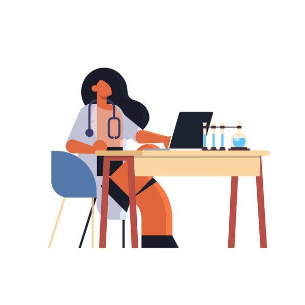 Female practitioner doctor using laptop woman researcher sitting at workplace desk with test tubes medicine healthcare concept hospital medical laboratory worker in white coat full length flat — ストックベクタ