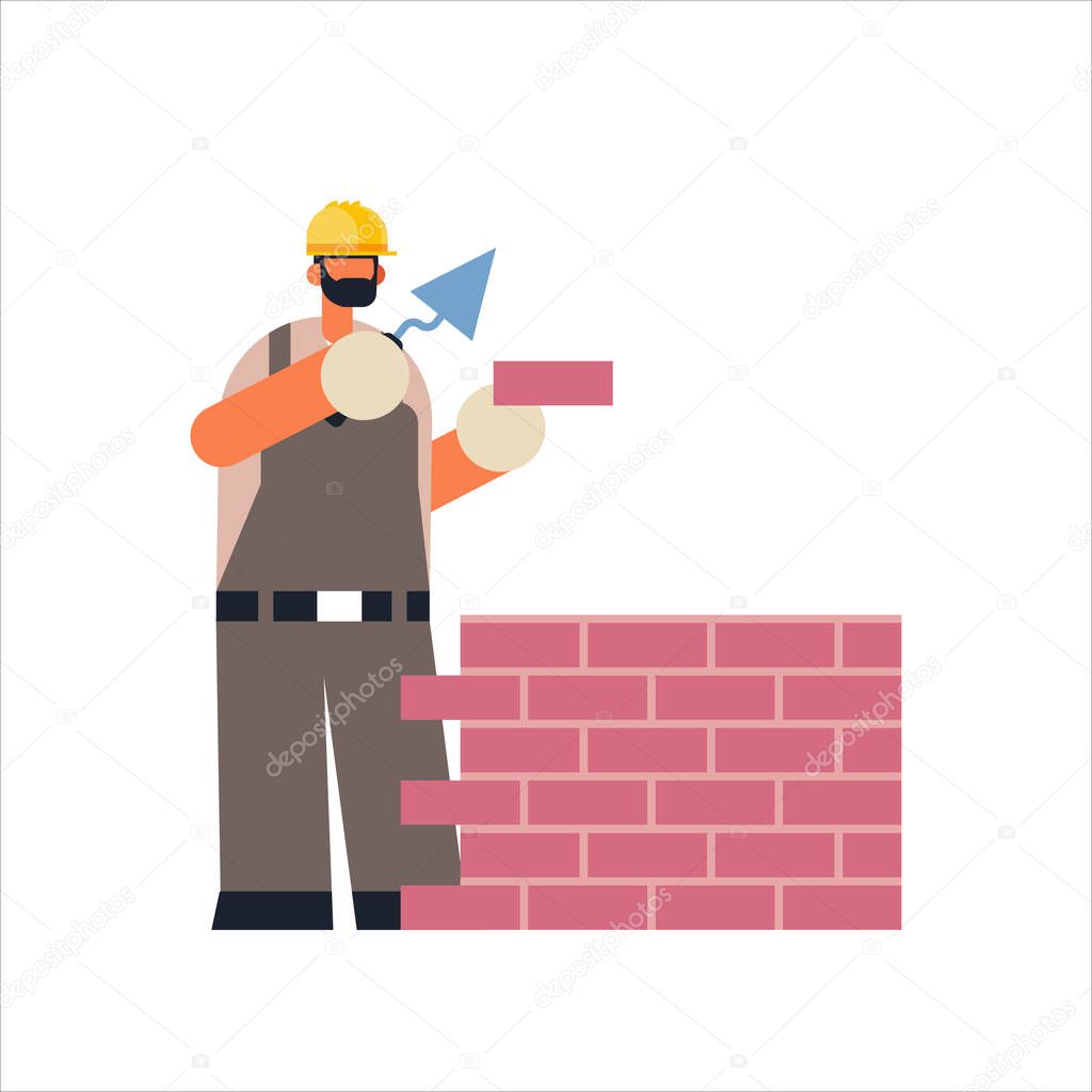 male builder using spatula workman laying brick wall construction worker in uniform bricklaying building concept flat full length vector illustration