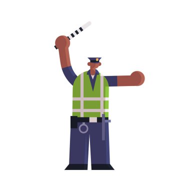 Erkek yol polis müfettişi üniformalı Afro-Amerikan polis memurunu kullanıyor. Güvenlik otoritesi. Adalet hukuku konsepti düz beyaz arka plan.