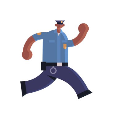 Üniformalı Afro-Amerikan polis memurunu takip eden erkek polis memuru güvenlik otoritesi adalet hizmeti konseptini düz beyaz arka plan
