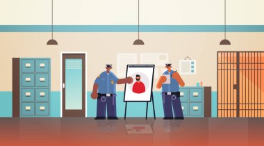 Irkçı polis memurlarını karıştır. Hırsız fotoğraf güvenlik yetkilisi adalet hukuku servis konsepti modern polis departmanı iç mekan düz yatay.