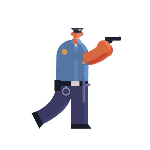 Polis memuru, elinde üniformalı bir tabanca, elinde silah, güvenlik, adalet ve hizmet kavramları olan bir polisle dikiliyor. — Stok Vektör