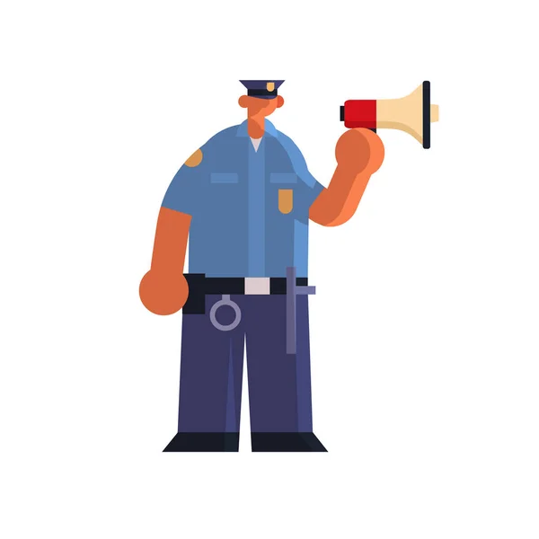 Male police officer yelling through megaphone poliwoman in uniform using loudspeaker security authority justice law service concept flat full length — Stock Vector