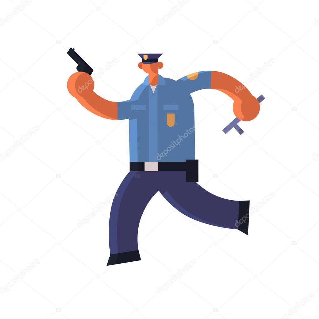 police officer running with pistol pursuing burglar policeman in uniform holding weapon and stick security authority justice law service concept flat full length