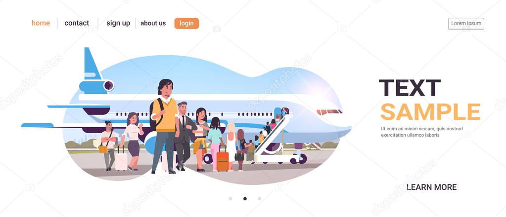 travelers with luggage standing line queue going to plane passengers climbing the ladder to board aircraft boarding travel concept flat horizontal copy space