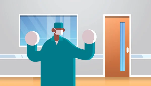 남성 의사 외과 의사는 수술 장갑 마스크와 녹색 가운 의학 개념 병원 의료 클리닉 사무실 내부 초상화 수평 평면을 착용 — 스톡 벡터