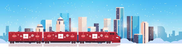 Kerstmis trein locomotief scheepvaart vervoer voor vrolijk kerstmis gelukkig nieuwjaar wintervakantie viering concept horizontale besneeuwde stad landschap achtergrond plat — Stockvector