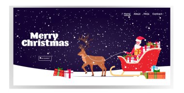 Noel Baba Ren geyikleriyle kızakla kayarken mutlu yıllar yeni yıl kış tatili kutlaması konsepti tebrik kartı yatay kar yağışlı arka plan