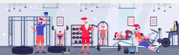 Άτομα και santa claus κάνει ασκήσεις άνδρες γυναίκες σε καπέλα προπόνηση έννοια Χριστούγεννα γιορτή διακοπές νέου έτους υγιεινό τρόπο ζωής σύγχρονο γυμναστήριο εσωτερικό full length οριζόντια — Διανυσματικό Αρχείο