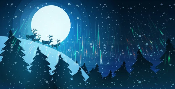 Rentiere Silhouette über Vollmond in der Nacht Himmel schneebedeckt Kiefer Tannenbaum Wald fröhliche Weihnachten frohes neues Jahr Winterurlaub Konzept Grußkarte horizontal — Stockvektor