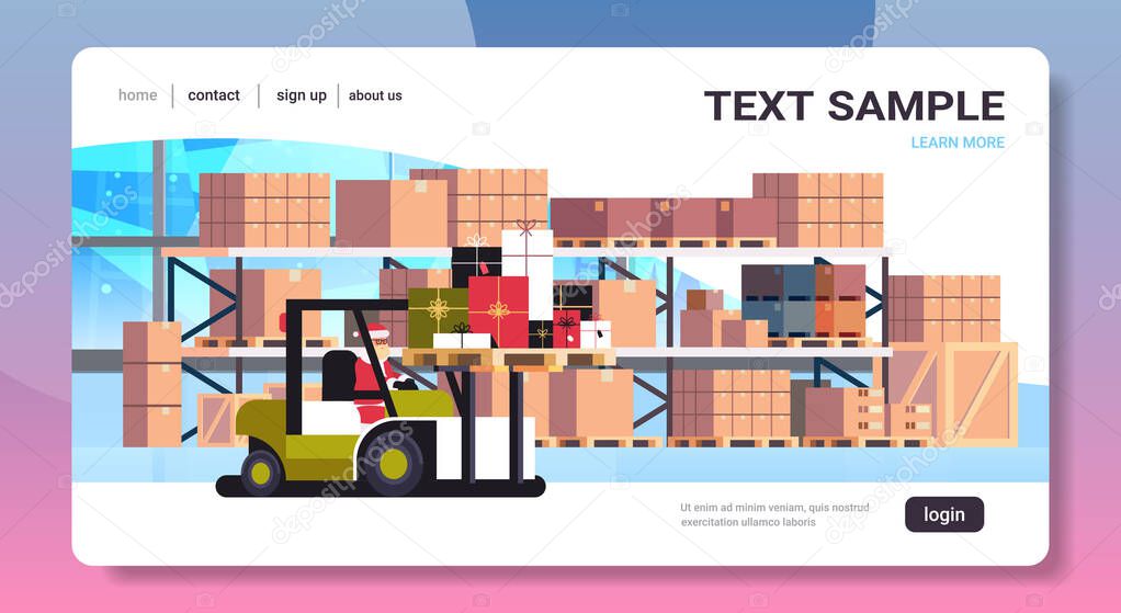 santa claus on forklift truck loading colorful gift present boxes delivery and shipping concept merry christmas happy new year winter holidays celebration horizontal warehouse interior copy space