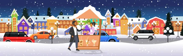 Man buying mulled wine in hot drinks stall with female seller christmas market winter fair concept happy new year merry xmas holidays cityscape background full length sketch horizontal — Stock Vector