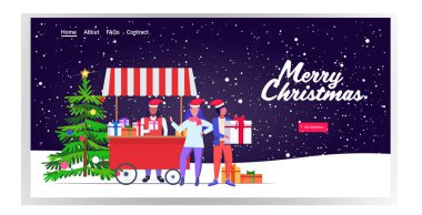 Noel Baba şapkalı Afro-Amerikan adam hediye kutuları satıyor insanlar Noel pazarında alışveriş yapıyor ve hediyeler alıyor ya da güzel kış tatili konsepti tam boy robot resim uzayı yatay vektörü.