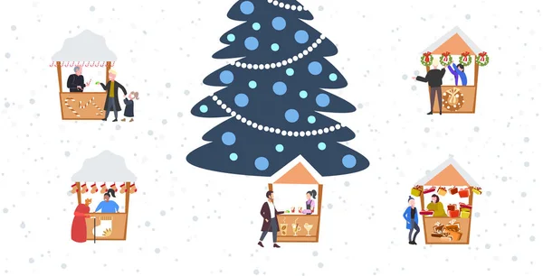 Різдвяний ринок або святковий ярмарок з прикрашеними ялинками люди ходять між кіосками веселих новорічних різдвяних свят концепція святкування горизонтальних — стоковий вектор