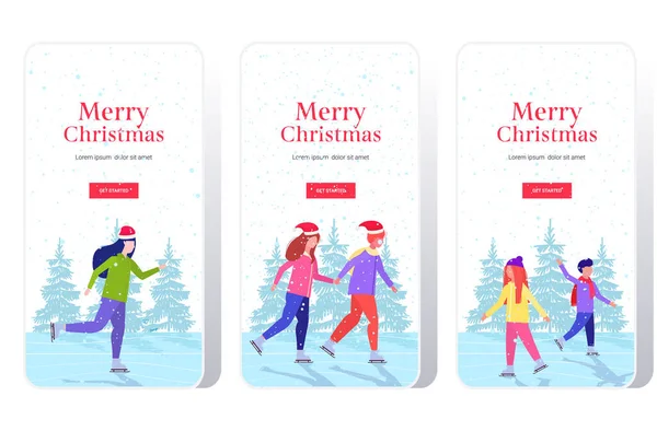 Gente patinaje en pista de hielo deporte de invierno recreación en vacaciones concepto smartphone pantallas conjunto aplicación móvil en línea longitud completa horizontal — Vector de stock