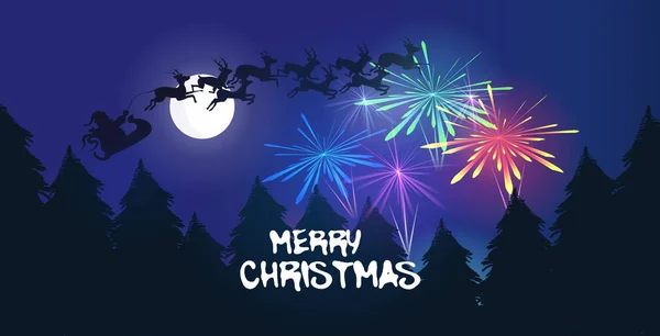Άγιος Βασίλης πετούν σε έλκηθρο με τάρανδους εορταστικά πολύχρωμα πυροτεχνήματα χαιρετισμό στο νυχτερινό ουρανό πάνω από χιονισμένο πευκοδάσος Καλά Χριστούγεννα Καλή Πρωτοχρονιά χειμερινές διακοπές έννοια ευχετήρια κάρτα οριζόντια — Διανυσματικό Αρχείο