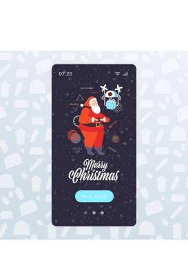 Noel Baba uzaktan kumandalı uzaktan kumandalı İHA kullanarak mutlu yıllar yeni yıl kutlaması konsepti akıllı telefon ekranı mobil mobil uygulaması dikey