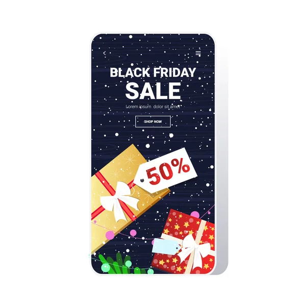 Gift boxes with tag big sale black friday special offer promo marketing holiday shopping concept smartphone screen online mobile app advertising campaign — Stock Vector