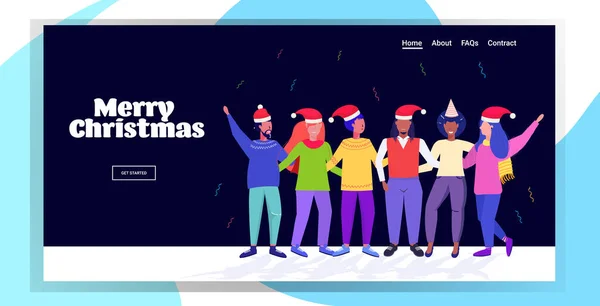 La gente en sombreros de santa divertirse mezclar raza hombres mujeres abrazando feliz Navidad feliz año nuevo vacaciones de invierno celebración concepto horizontal de longitud completa tarjeta de felicitación — Vector de stock