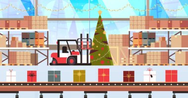 hediye kutuları fabrikası taşıma bandı üretim süreci modern depo iç noel kutlamaları konsepti yatay