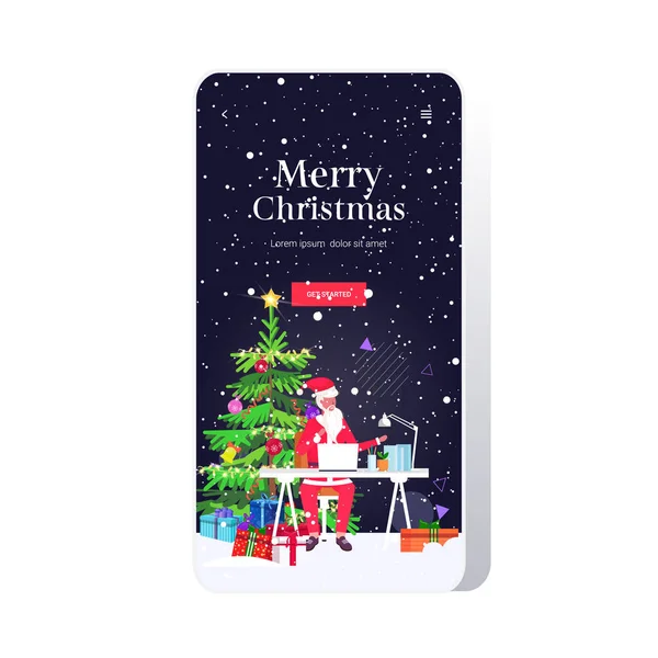 Santa claus using laptop sitting at workplace near fir tree with gift boxes christmas new year holidays celebration concept smartphone screen online mobile app greeting card full length — Stock Vector
