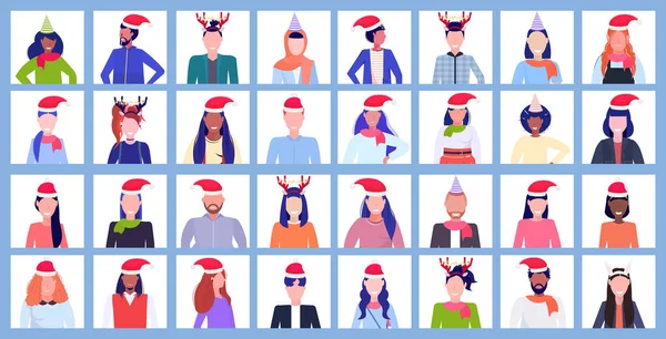 Set mix race personnes portant santa chapeaux et cornes profil icône nouvelle année Noël vacances set hommes femmes avatar portrait mâle femelle visages collection horizontal vecteur illustration — Image vectorielle