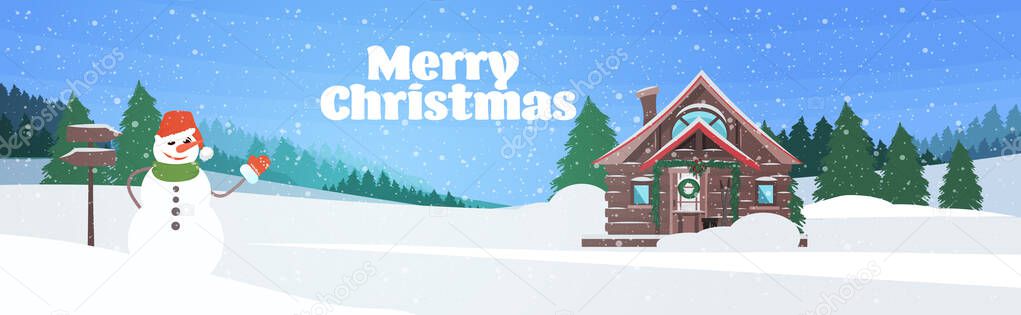snowman near winter snow covered wooden house in pine forest merry xmas happy new year holiday celebration concept greeting card landscape background horizontal