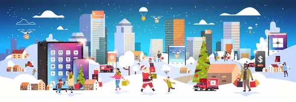 Mensen met boodschappentassen wandelen buiten met behulp van online mobiele app mix race personages voor te bereiden op kerstmis nieuwjaar vakantie winter stadsgezicht achtergrond horizontale banner — Stockvector