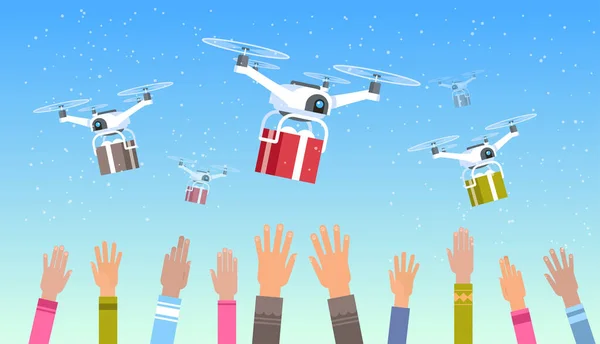 Misturar raça mãos humanas levantadas drones entregando presente caixas céu transporte correio aéreo entrega expressa conceito horizontal —  Vetores de Stock