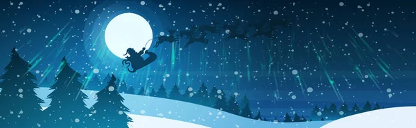 눈덮인 소나무 전나무 숲 위로 밤 하늘을 나는 산타 비행즐거운 새해 휴일 컨셉트 — 스톡 벡터