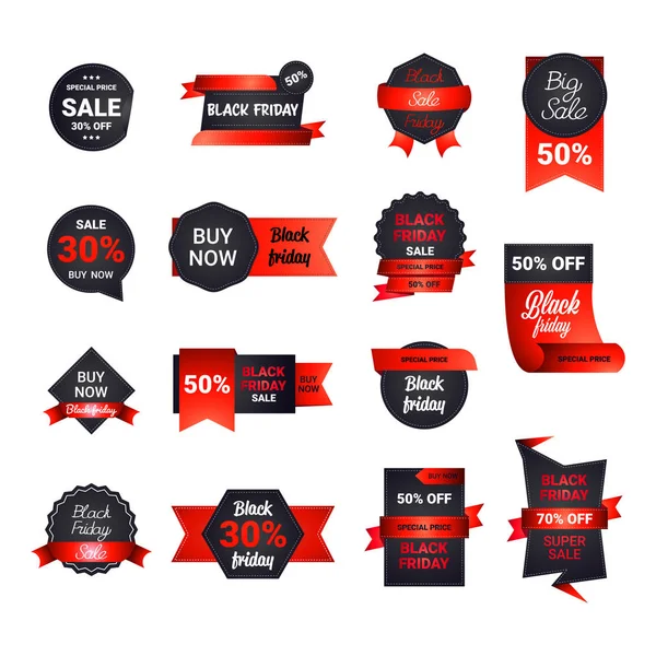 Set nero venerdì adesivi o banner sconto vacanza shopping concept grande vendita etichette collezione campagna pubblicitaria badge — Vettoriale Stock