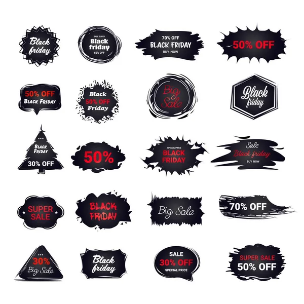 Ensemble noir vendredi autocollants réduction badges collection vacances shopping concept grandes étiquettes vente campagne publicitaire — Image vectorielle