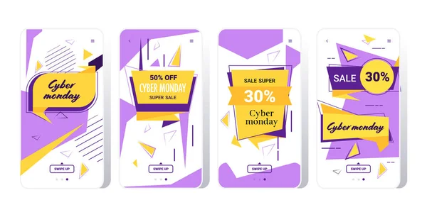 Grande vente cyber lundi autocollants collection offre spéciale vacances shopping concept smartphone écrans mis en ligne mobile app publicité campagne bannière horizontale — Image vectorielle