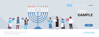 jews people standing together near menorah jewish men women in traditional clothes happy hanukkah concept judaism religious holidays celebration full length copy space horizontal clipart