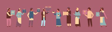 jews people standing together jewish men women in traditional clothes happy hanukkah concept judaism religious holidays celebration full length horizontal clipart