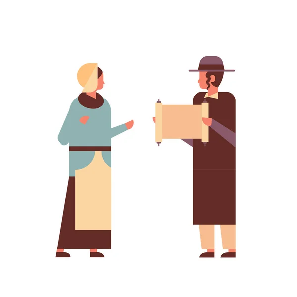 Judío pareja leyendo torá judío hombre mujer en tradicional ropa de pie juntos feliz hanukkah judaísmo religioso vacaciones concepto de longitud completa — Vector de stock