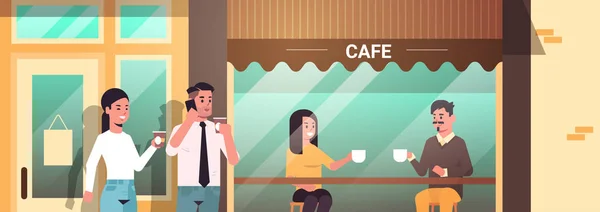 Gens d'affaires visiteurs ayant pause café hommes femmes boire des boissons chaudes rue moderne café portrait extérieur plat horizontal — Image vectorielle