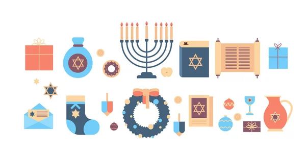 Menorah Tóra biblia ajándék doboz koszorú ikonok beállított boldog hanuka judaizmus vallási ünnepek ünneplés zsidó fesztivál koncepció horizontális — Stock Vector