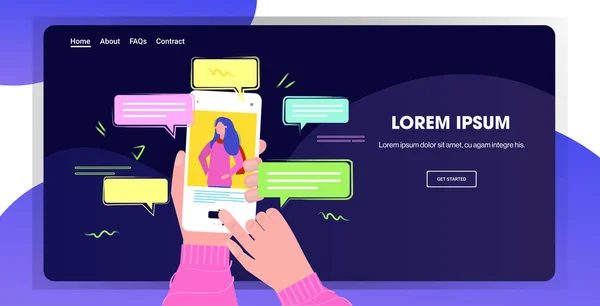 Huam kézi gazdaság okostelefon segítségével chatting app video hívás a nő szociális hálózati kommunikációs koncepció online mobil üzenetküldő alkalmazás horizontális portré másolás tér — Stock Vector