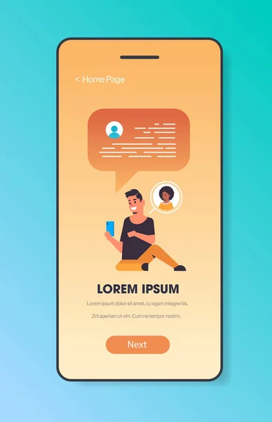 Hombre que utiliza la aplicación de mensajería móvil de chat con la mujer red social de chat burbuja de voz concepto de comunicación pantalla de teléfono inteligente espacio de copia vertical — Archivo Imágenes Vectoriales