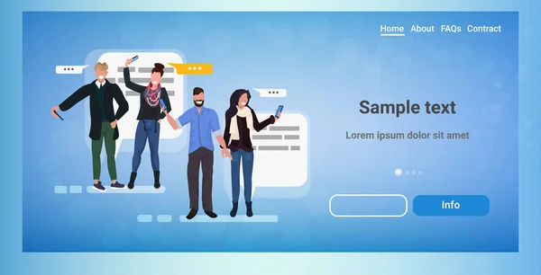 Geschäftsleute mit Chat-App auf Smartphones Social Network Chat Blase Kommunikationskonzept Mix Rennen Geschäftsleute Nachrichten mobile Online-Anwendung volle Länge horizontale Kopierraum — Stockvektor