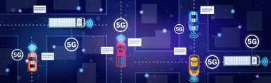 farklı otomobiller karayolu trafiğinde 5g çevrimiçi kablosuz sistem bağlantı konsepti yüksek hızlı internet şehir sokaklarının beşinci yenilikçi nesil binalar üst açılı yatay görünüm
