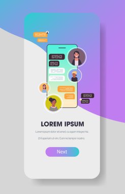 Yarış insanlarını sohbet uygulaması sosyal ağ sohbet balonu iletişim konsepti akıllı telefon ekranı çevrimiçi mobil mesajlaşma uygulaması dikey kopyalama alanı kullanarak karıştır