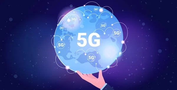 Human hand holding globe 5G online communication global network wireless system connection concept Generasi inovatif kelima dari high speed peta dunia internet horizontal - Stok Vektor