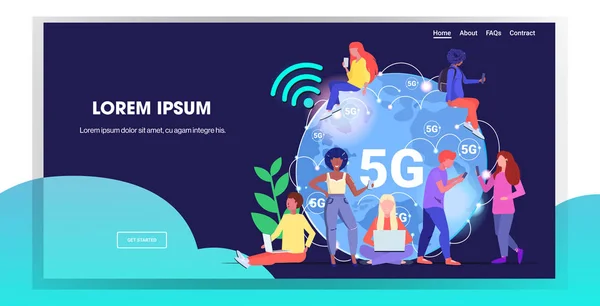 混合种族使用数字设备5g在线无线系统连接第五代高速互联网概念世界地图图标全长水平复制空间 — 图库矢量图片