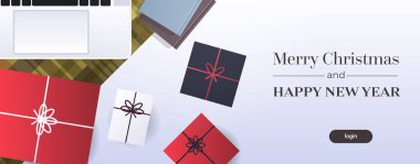 Mutlu yıllar, mutlu noeller, afiş yeri, masa üstü, masa üstü, masa üstü, hediye kutular, tebrik kartı düz yatay.