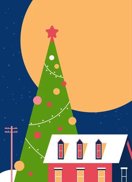 Zdobené vánoční strom v blízkosti chalupy dům se sněhem na střeše veselé Vánoce šťastný nový rok zimní prázdniny koncept úplněk noc nebe pozadí pozdrav karta byt vertikální — Stockový vektor