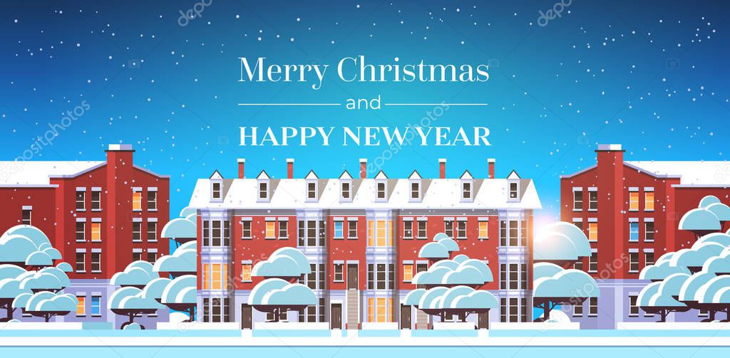 merry christmas happy new year poster with winter city houses snowy town street greeting card flat horizontal